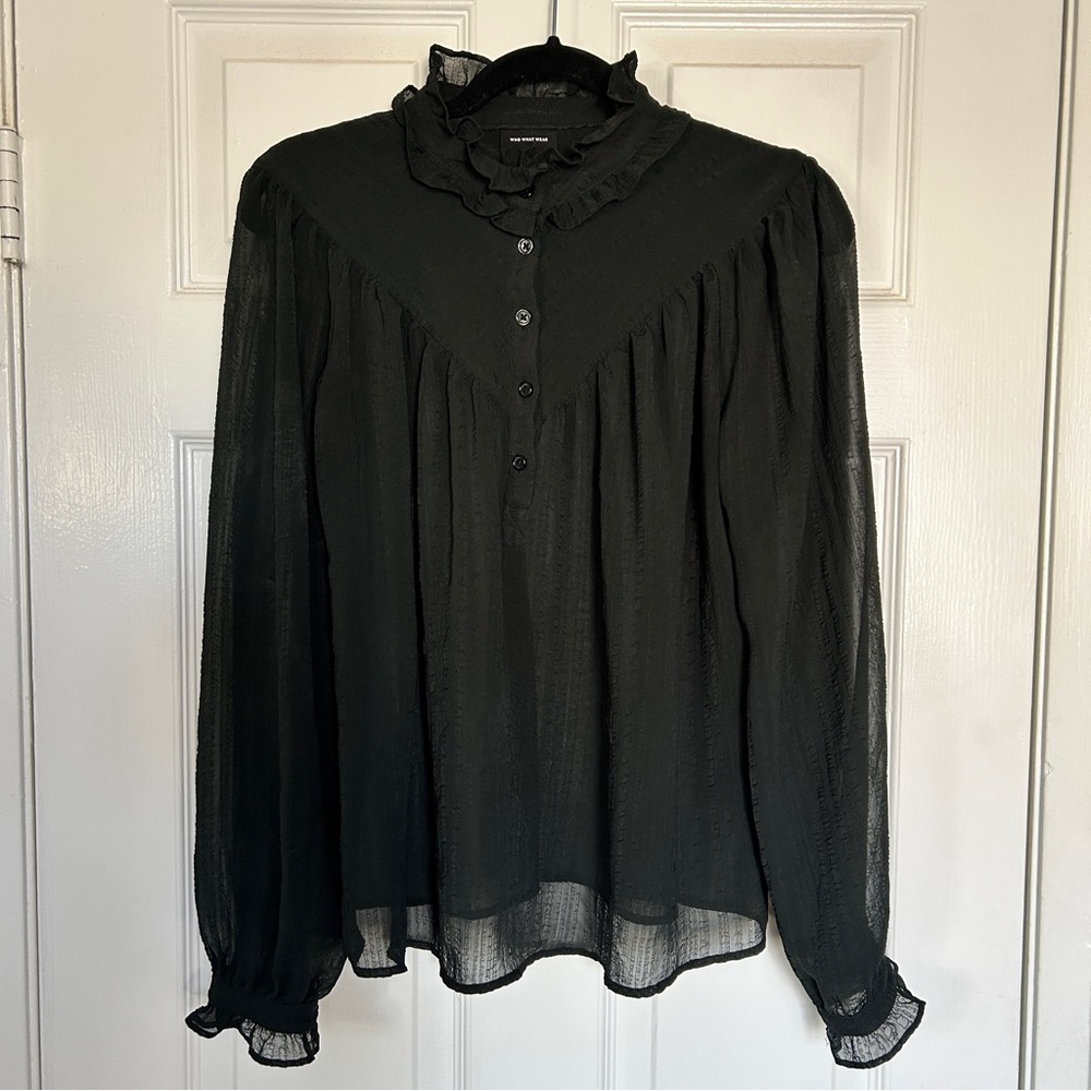 Who What Wear Black Sheer Peasant Top S